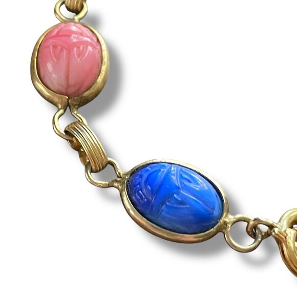 Vintage Scarab Bracelet Art Glass Gold Tone Egyptian Revival 1970s Boho Cabochon - Picture 5 of 12